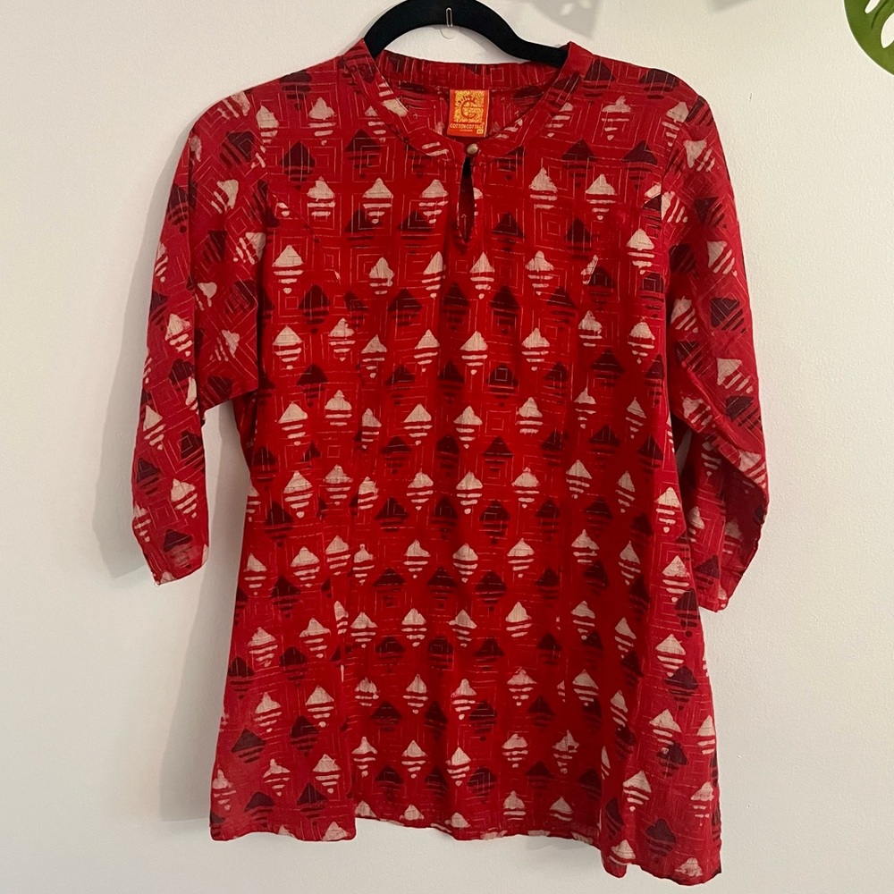 100% Cotton Red Geometric Blouse - Indian Brand
